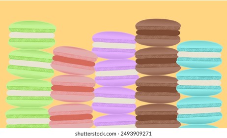 This delightful pattern showcases a playful arrangement of colorful macarons stacked in rows against a warm yellow background. 