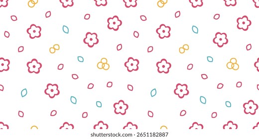 Este delicioso padrão apresenta um arranjo divertido de flores e folhas simples e estilizadas em tons vibrantes de rosa, azul e amarelo contra um pano de fundo branco limpo.