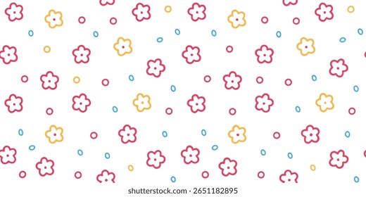 This delightful pattern showcases a playful arrangement of stylized flowers in vibrant red and yellow, interspersed with small blue and red circular dots on a clean white canvas.