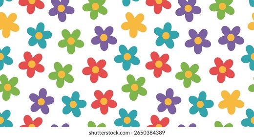 This delightful pattern showcases a repeating arrangement of simple, five-petaled flowers in bright red, purple, green, teal, and yellow, evoking a playful, retro aesthetic.