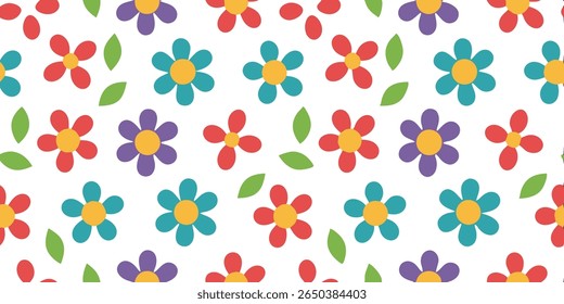 This delightful pattern showcases a repeating arrangement of stylized, retro-inspired flowers in red, purple, and teal, interspersed with simple green leaves against a clean white backdrop.