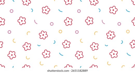 This delightful pattern showcases a repeating arrangement of charming red flowers with bright pink centers, interspersed with playful curved lines and small circles in various pastel colors.