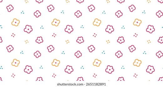 This delightful pattern showcases a repeating arrangement of abstract, four-petal flowers in vibrant pink and warm orange, interspersed with small clusters of blue dots.