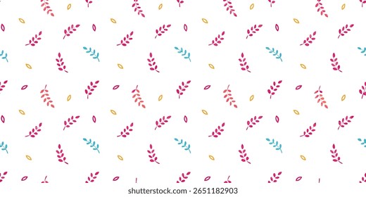 Este delicioso padrão apresenta um arranjo repetitivo de folhas pequenas e estilizadas e formas ovais em tons vibrantes de rosa, coral, azul-petróleo e amarelo em uma tela branca.