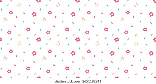 Este delicioso padrão mostra um arranjo repetitivo de flores rosas simples com centros brancos, intercaladas com pequenas pétalas dispersas em azul-petróleo e rosa, e explosões de estrelas laranja brilhantes.