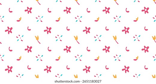 Este delicioso padrão mostra um arranjo repetitivo de flores simples, estilizadas e formas curvas em cores vibrantes, criando um visual alegre e energético.