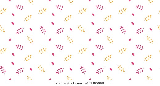 This delightful pattern showcases a simple, repeating design of delicate pink and golden leaves and branches scattered across a bright white backdrop.