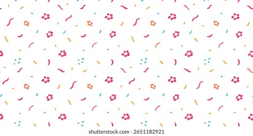 Este delicioso padrão apresenta pequenas flores estilizadas em rosa e laranja, intercaladas com confetes curvos em rosa, azul-petróleo e amarelo, criando um design vibrante e alegre.