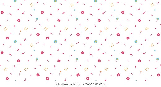 Este delicioso padrão mostra um arranjo caprichoso de elementos florais simples em rosa, azul e amarelo. Pétalas espalhadas e pequenos pontos criam uma estética leve e arejada e alegre.