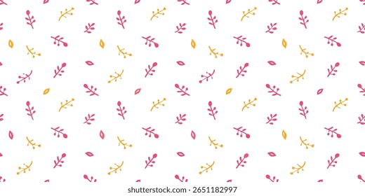 Este delicioso padrão apresenta um arranjo caprichoso de pequenos elementos florais estilizados em rosa vibrante e amarelo ensolarado, criando um design alegre e arejado em uma tela branca.