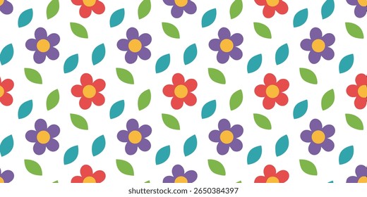 This delightful repeating pattern showcases simple, stylized flowers in purple and red with yellow centers, interspersed with green and teal leaves on a clean white backdrop.