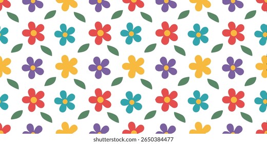 Este delicioso padrão repetitivo apresenta uma variedade de flores simples e estilizadas em tons vibrantes de vermelho, azul, roxo e amarelo, intercaladas com folhas verdes.