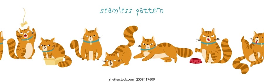 This delightful seamless pattern showcases adorable ginger cats depicted in a variety of playful poses and antics