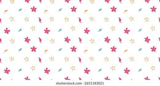 Este delicioso padrão sem costura apresenta um arranjo divertido de flores e folhas estilizadas em tons vibrantes de rosa, laranja e azul-petróleo contra um fundo branco nítido.