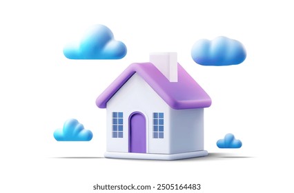 This delightful stock vector showcases a quaint 3D cartoon house painted in soft purple and white, set against a backdrop of floating blue clouds, evoking a sense of whimsy and serene domestic life