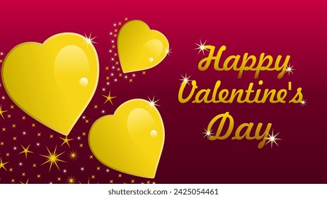 In this delightful Valentine's Day image, a radiant pink-red background sets the romantic scene. Three golden hearts take center stage, exuding warmth and affection. A trail of small, twinkling stars.