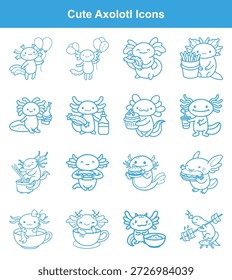 Esta deliciosa coleção de vetores mostra encantadores personagens de axolotl desfrutando de comida, bebidas e atividades divertidas como grelhar, segurar balões e sentar em xícaras. Perfeito para vários projetos criativos.
