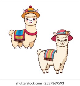 This is a delightful vector illustration of an alpaca. It features a fluffy alpaca wearing a pink hat decorated with colorful flowers and a bright, striped blanket over its back.