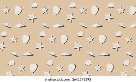 This delightful vector illustration presents a clean and seamless repeating pattern featuring an array of charming seashells and starfish. 