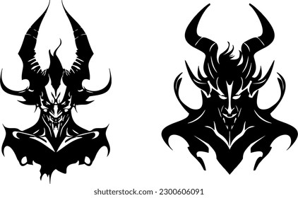 This demon vector image depicts a dark and menacing figure with sharp horns protruding from its head, glowing red eyes, and leathery wings spread wide. Its skin is a sickly shade of green, 