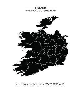 This depiction showcases the political outline map of Ireland, emphasizing the distinct county boundaries. The map is monochromatic, enhancing the clarity of the regions.