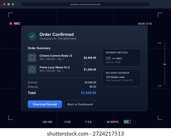 Isso mostra uma tela de confirmação de pedido digital exibindo os itens comprados, seus preços, método de pagamento e endereço de entrega. O layout é limpo e organizado para facilitar a visualização.