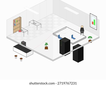 Esto representa un diseño de espacio de oficina que muestra estaciones de trabajo, un bastidor de servidores, un área de reuniones con sillas y algunas plantas en un entorno corporativo simple.