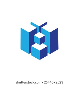 Este diseño es un logotipo abstracto del bloque de construcción 3D en forma hexagonal en color azul