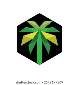 This is a design of an abstract logo of a palm tree in yellow and green color on polygonal style inside a hexagon shape that looks clean on a white background