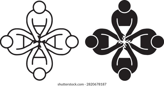 This design arranges four human figures in a circular, connected pattern to represent cohesive teamwork and organizational synergy.
It is best utilized for diversity and inclusion campaigns, team-building event promotions, and cooperative network diagrams.