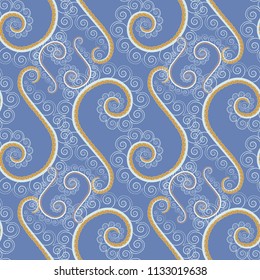 This design can be used for packaging cosmetics, perfumes, greeting or wedding background. Vector spring flower seamless pattern in blue, gray and yellow colors.