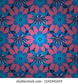 This design can be used for packaging cosmetics, perfumes, greeting or wedding background. Vector spring flower seamless pattern in blue, pink and black colors.