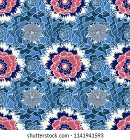This design can be used for packaging cosmetics, perfumes, greeting or wedding background. Vector spring flower seamless pattern in white, gray and blue colors.