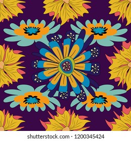 This design can be used for packaging cosmetics, perfumes, greeting or wedding background. Vector spring flower seamless pattern in brown, yellow and blue colors.