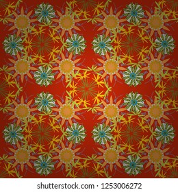 This design can be used for packaging cosmetics, perfumes, greeting or wedding background. Vector spring flower seamless pattern in green, orange and yellow colors.