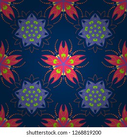 This design can be used for packaging cosmetics, perfumes, greeting or wedding background. Vector spring flower seamless pattern in blue, violet and pink colors.