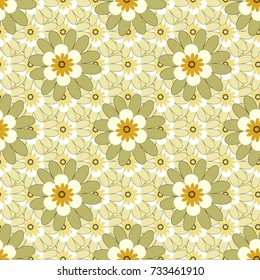 This design can be used for packaging cosmetics, perfumes, greeting or wedding background. Vector spring flower seamless pattern in white, yellow and green colors.