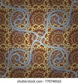 This design can be used for packaging cosmetics, perfumes, greeting or wedding background. Vector spring flower seamless pattern in brown, blue and yellow colors.