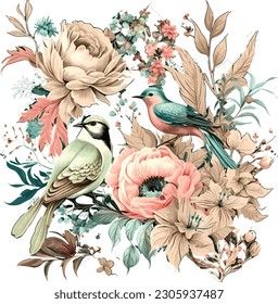 This design is a captivating fusion of Oriental floral patterns and vintage bird imagery. It showcases the timeless elegance of both elements, resulting in a stunning and harmonious composition.