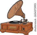 This design captures the charm of early 20th-century things, featuring a hand crank, tonearm, and spinning vinyl record. Ideal for vintage music, nostalgia, antique electronics, or retro decor themes.