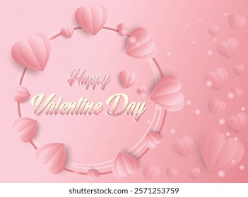 This design captures the essence of Valentine's Day with its pastel pink tones and delicate heart shapes. The use of soft, layered hearts creates a 3D effect, giving the image depth and visual appeal