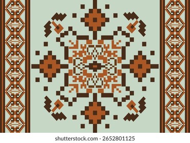 Este design combina tons de marrom e ferrugem terrosos em um padrão de pixel central com formas angulares afiadas e bordas com motivos de diamante entrelaçados em um fundo verde claro menta.