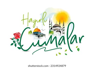 This design is crafted with drawings of mosque, minaret, sun, and rose, and it says 'hayirli cumalar' in Turkish, which translates to 'good Friday' in English.