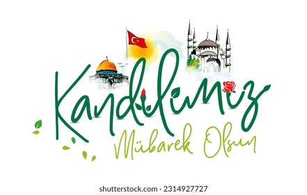 This design is crafted with drawings of a mosque, minaret, sun, Turkish flag, and rose, and it says 'kandilimiz mübarek olsun' in Turkish, which translates to 'May our holy night be blessed' in Englis