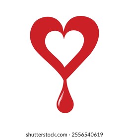 This design depicts a flat logo of a heart shape bleeding a drop of blood all in red color on a white background