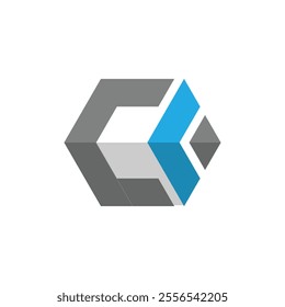 This design depicts a flat logo of a letter C in hexagonal logo in blue and grey color