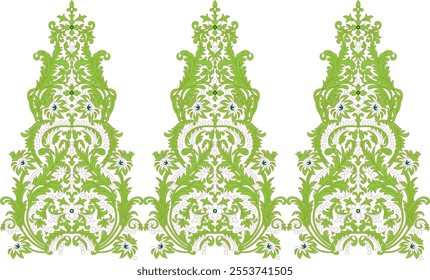 This design depicts an intricate and ornate floral pattern. The design features symmetrical arrangements of vine-like elements with delicate leaves and flowers. The predominant colors are shades of gr