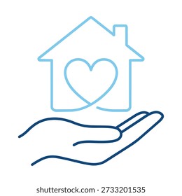 This design depicts a simple, blue line art illustration of a house containing a heart, held gently in a hand. The distinctive silhouette style emphasizes the concepts of home and protection.