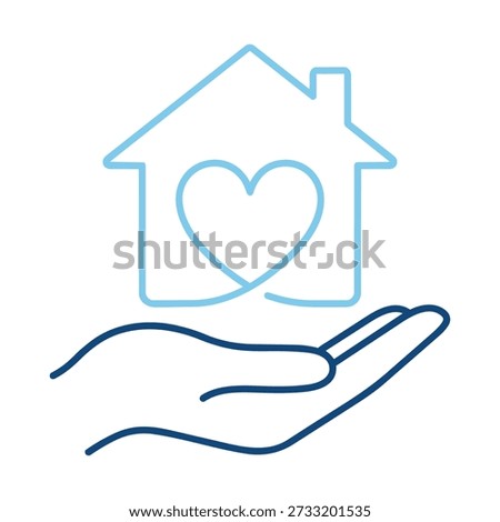 This design depicts a simple, blue line art illustration of a house containing a heart, held gently in a hand. The distinctive silhouette style emphasizes the concepts of home and protection.