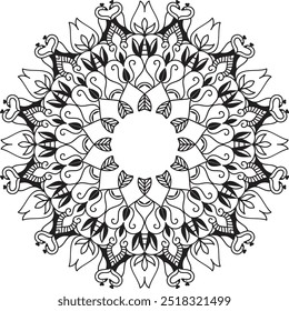 Este diseño es un detallado mandala en blanco y negro, con patrones florales y frondosos simétricos que irradian desde un círculo central.